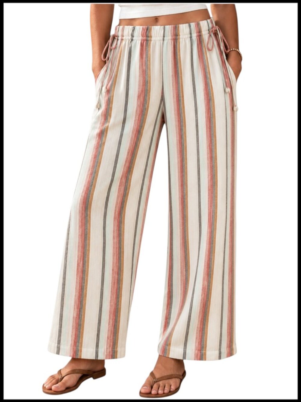 Striped Wide Leg Pants Cream Pink Side Tie Primark Rita Ora XS